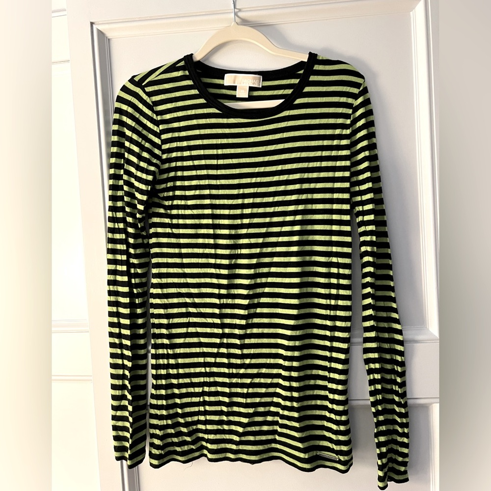 MICHAEL by MICHAEL KORS green black striped long sleeve rayon spandex t-shirt